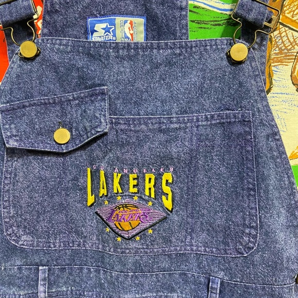 Rare Vintage Starter Los Angeles Lakers Purple Stonewashed Denim Overalls/Jumper - Picture 7 of 9